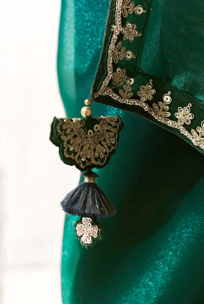 Dark Green Organza Tissue Heavy butta embroidery Designer Runway Saree