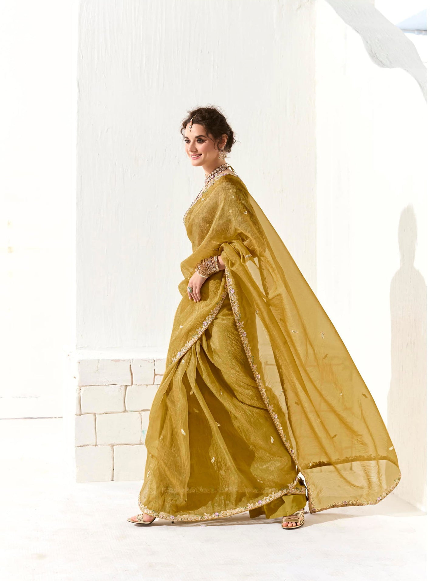 Yellow Organza Tissue Heavy butta embroidery Designer Runway Saree
