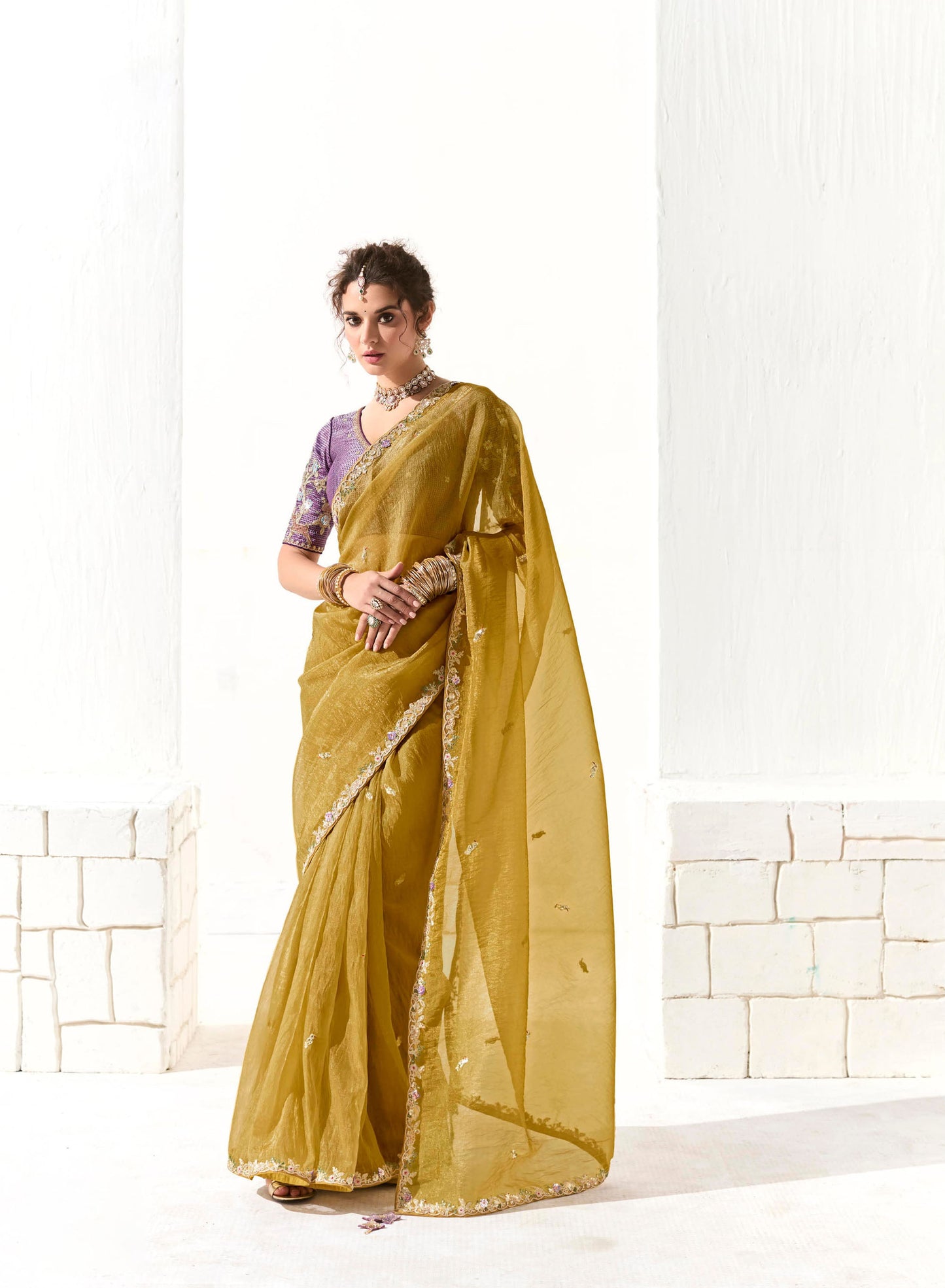 Yellow Organza Tissue Heavy butta embroidery Designer Runway Saree