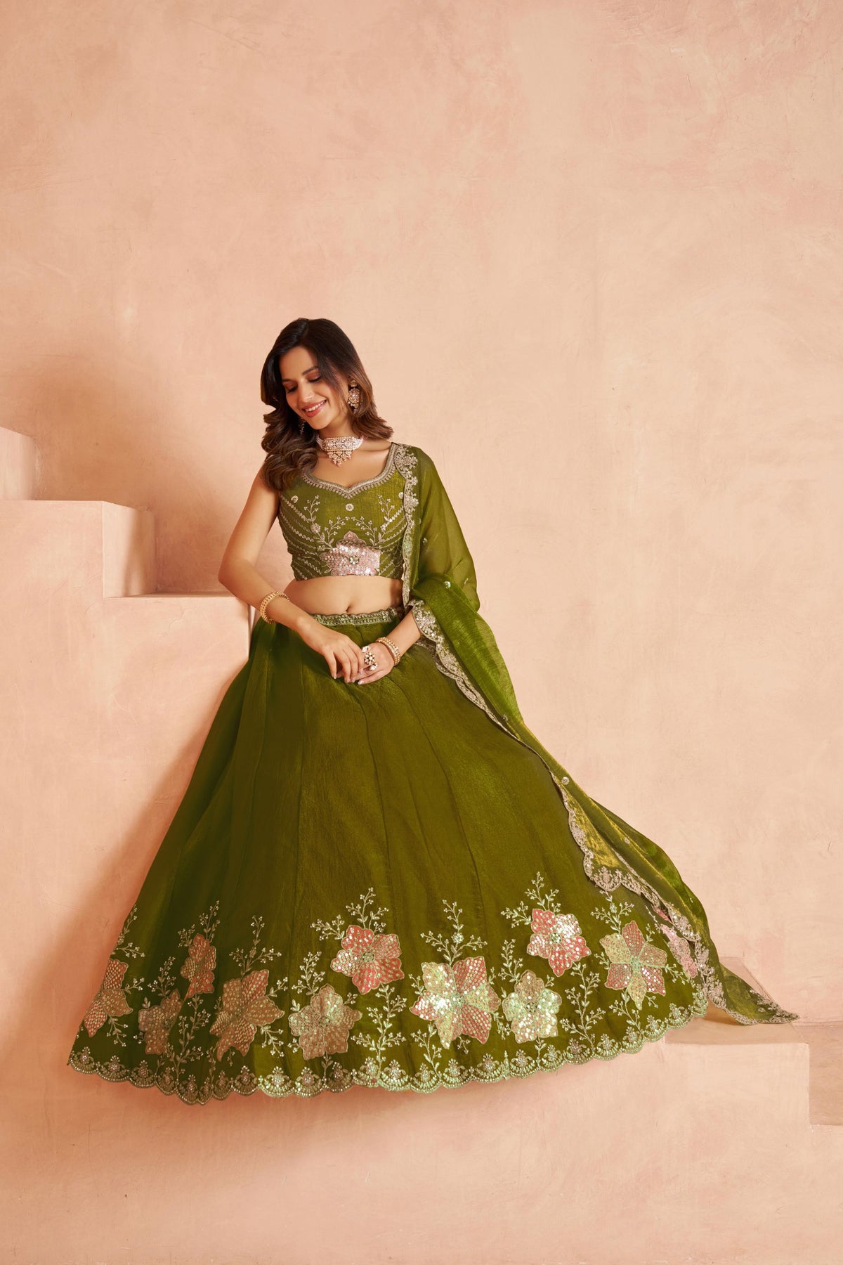 Green Sequins Work & Floral Motifs Tissue Bridesmaid Lehenga