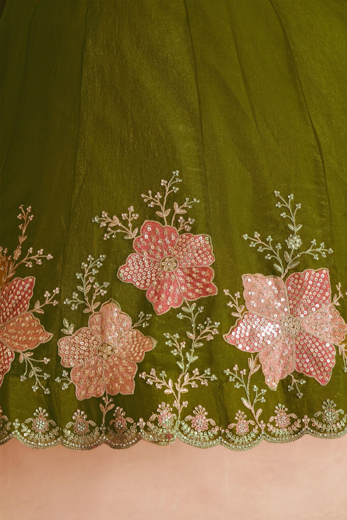 Green Sequins Work & Floral Motifs Tissue Bridesmaid Lehenga