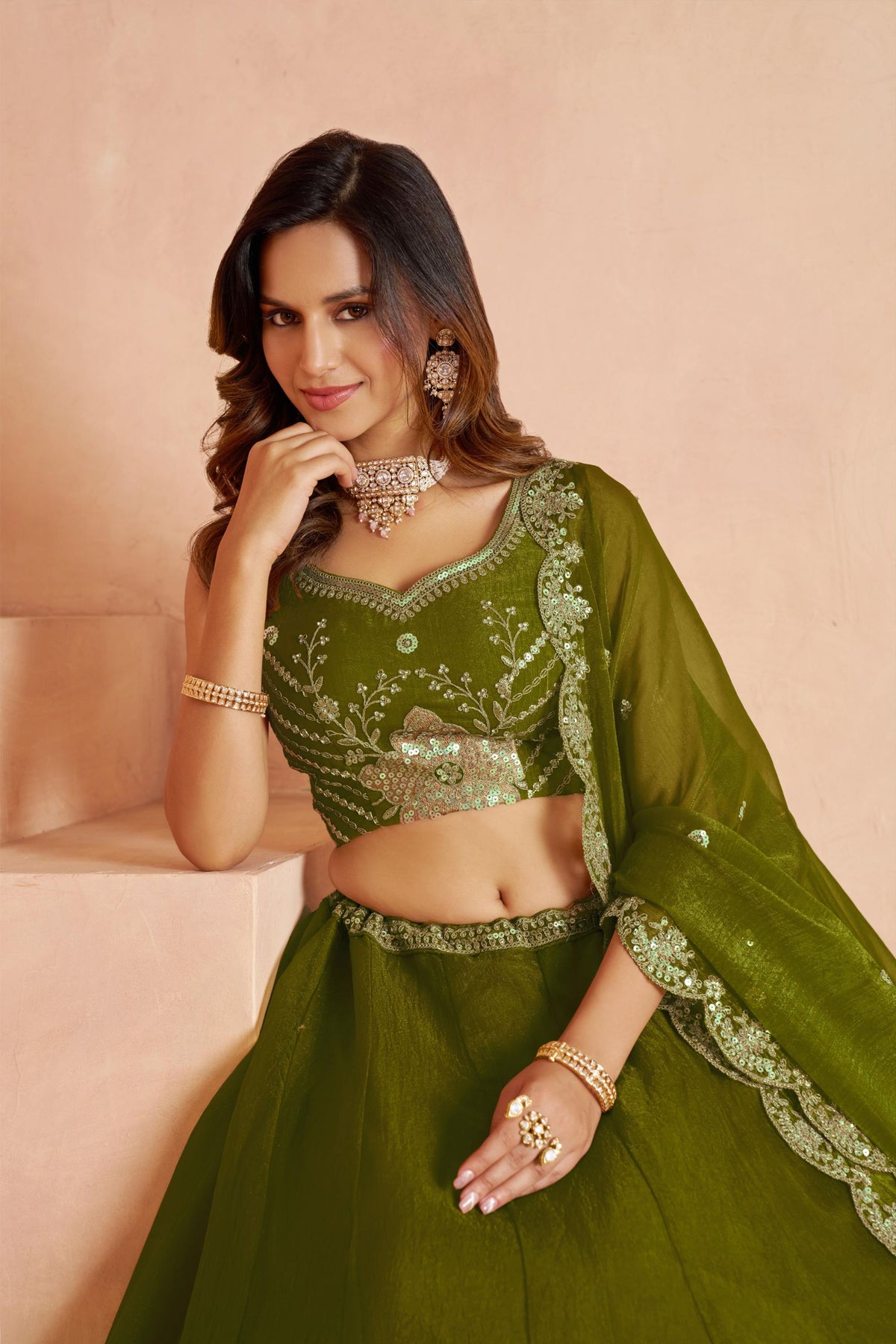 Green Sequins Work & Floral Motifs Tissue Bridesmaid Lehenga