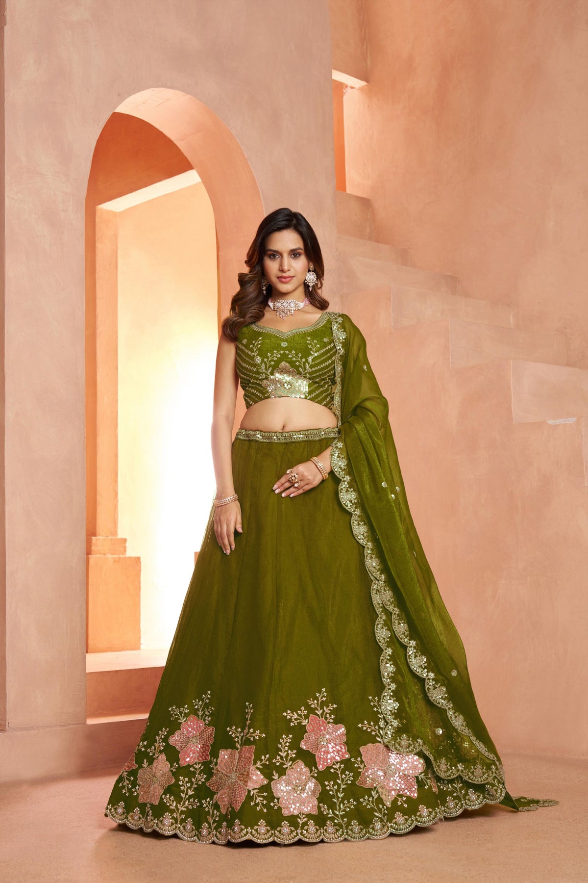 Green Sequins Work & Floral Motifs Tissue Bridesmaid Lehenga