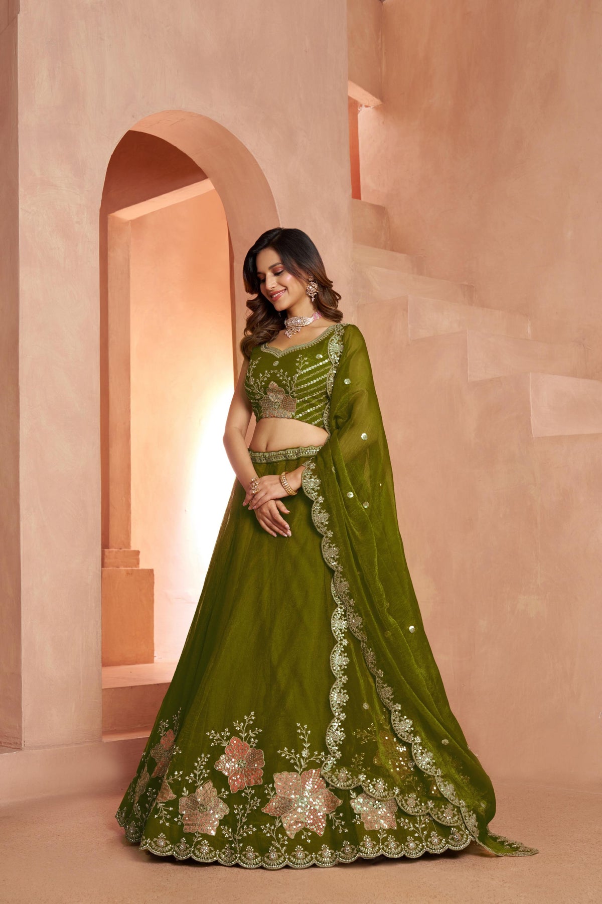 Green Sequins Work & Floral Motifs Tissue Bridesmaid Lehenga