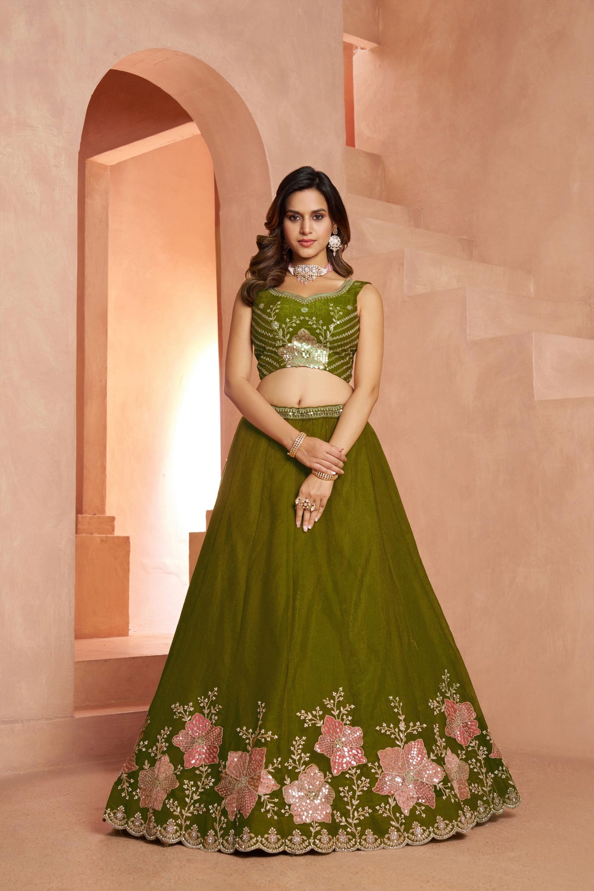 Green Sequins Work & Floral Motifs Tissue Bridesmaid Lehenga