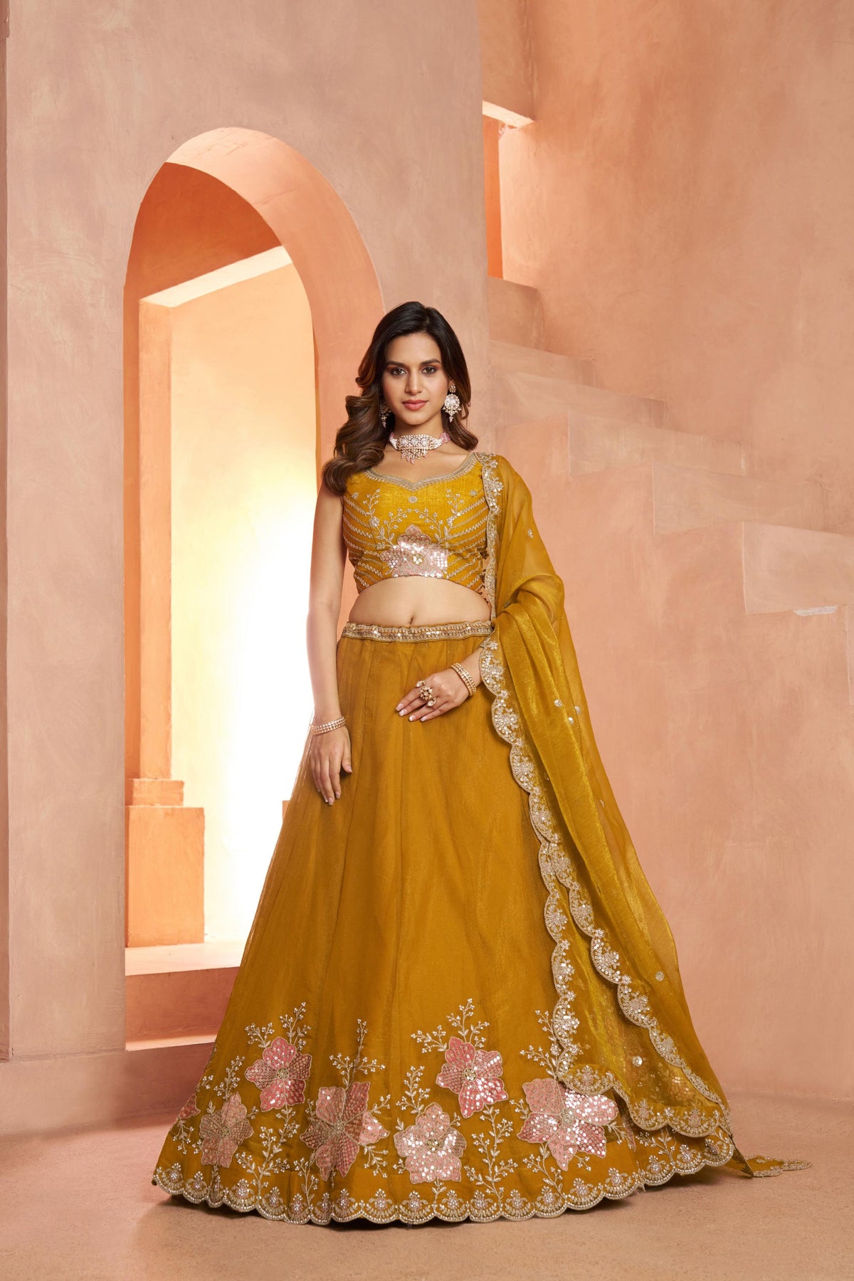 Mustard Sequins Work & Floral Motifs Tissue Bridesmaid Lehenga