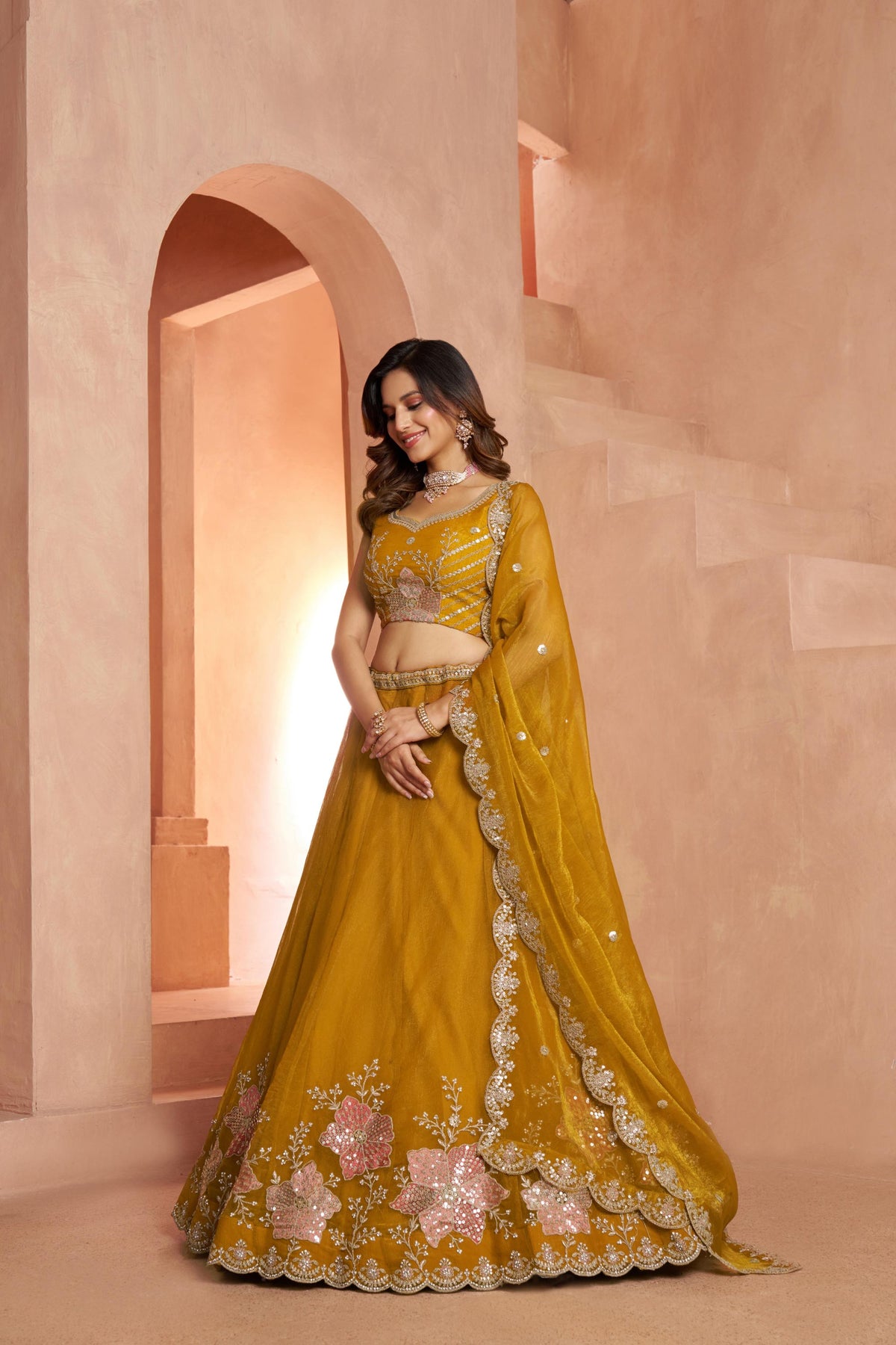 Mustard Sequins Work & Floral Motifs Tissue Bridesmaid Lehenga