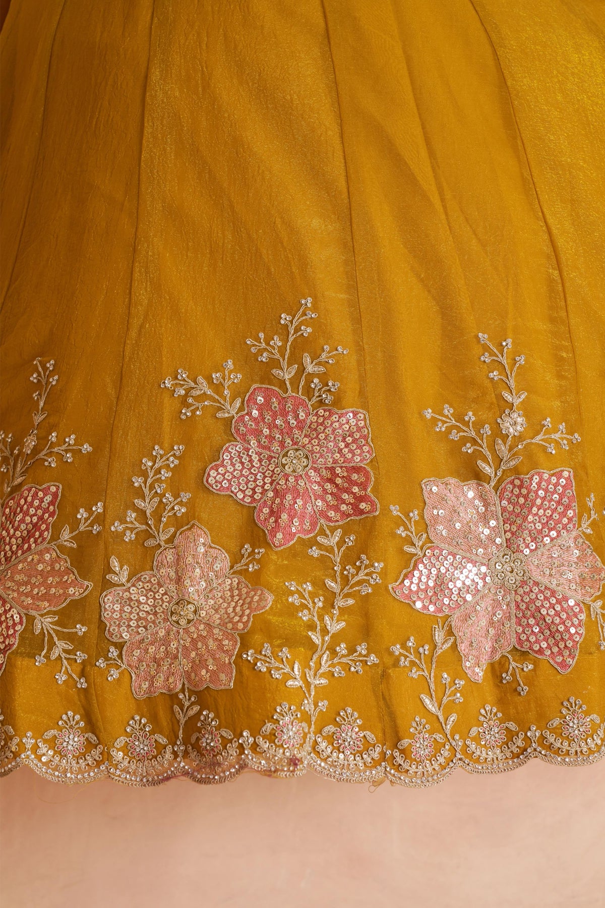 Mustard Sequins Work & Floral Motifs Tissue Bridesmaid Lehenga