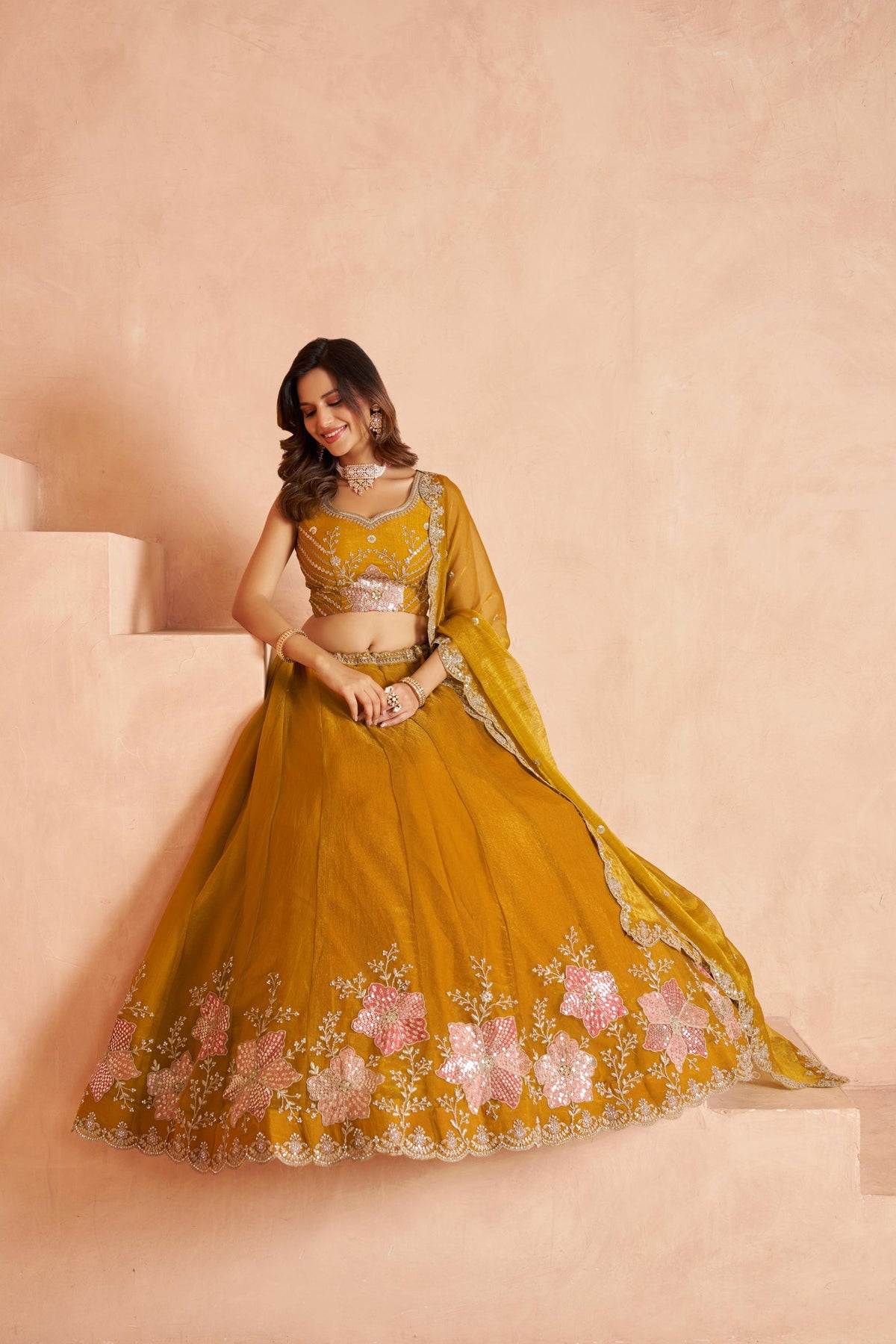 Mustard Sequins Work & Floral Motifs Tissue Bridesmaid Lehenga