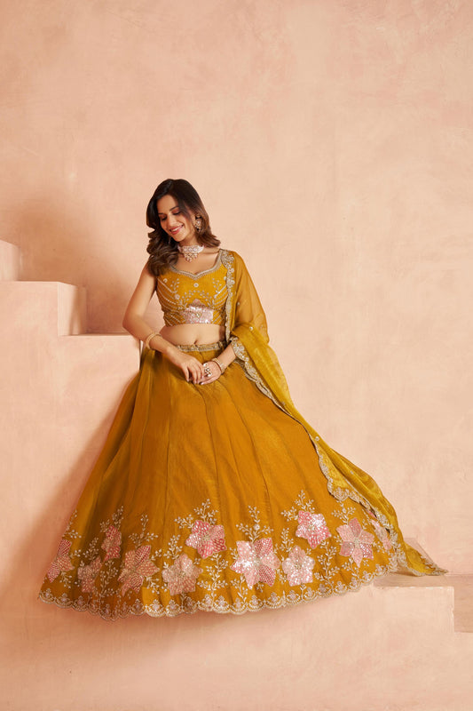 Mustard Sequins Work & Floral Motifs Tissue Bridesmaid Lehenga