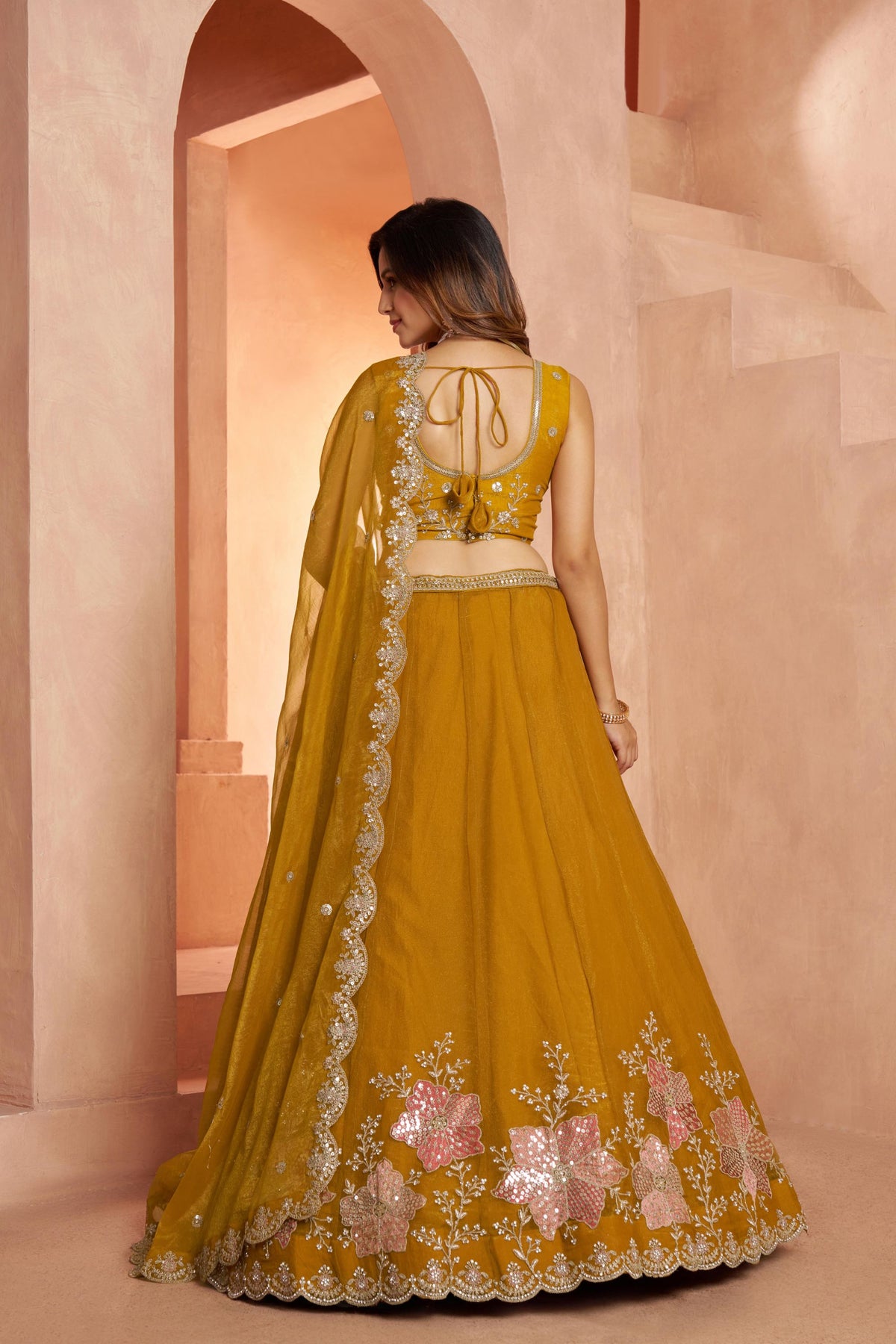 Mustard Sequins Work & Floral Motifs Tissue Bridesmaid Lehenga