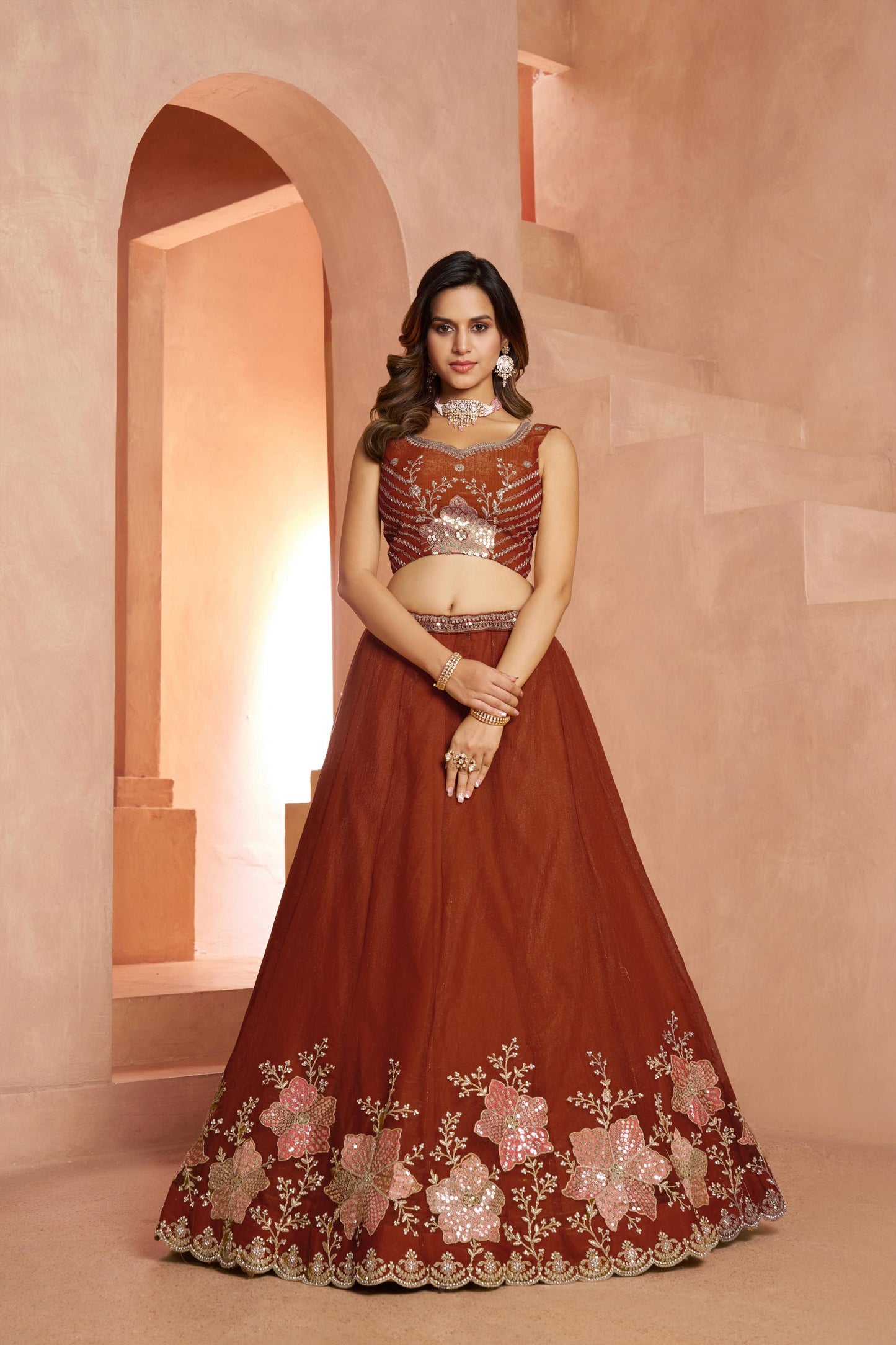 Rust Sequins Work & Floral Motifs Tissue Bridesmaid Lehenga