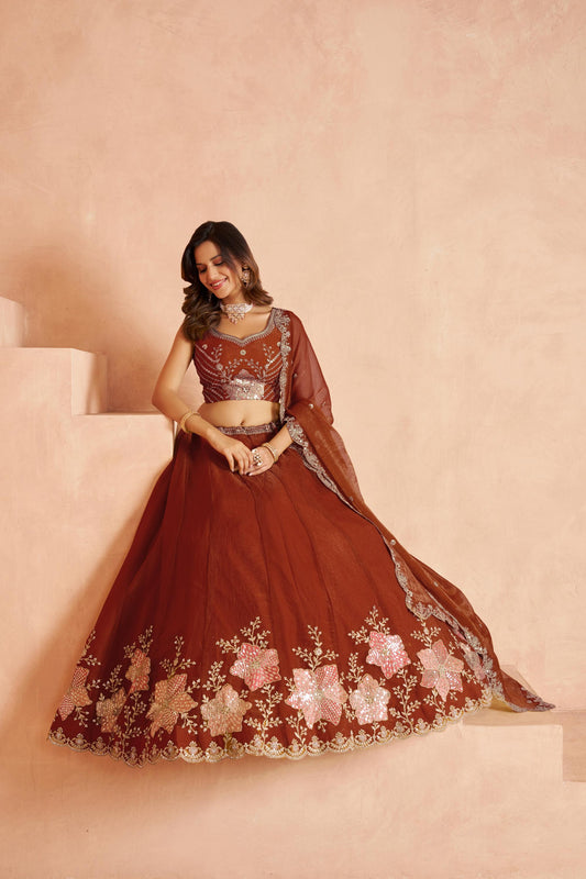 Rust Sequins Work & Floral Motifs Tissue Bridesmaid Lehenga