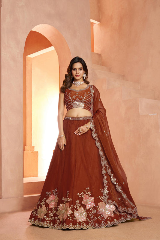 Rust Sequins Work & Floral Motifs Tissue Bridesmaid Lehenga
