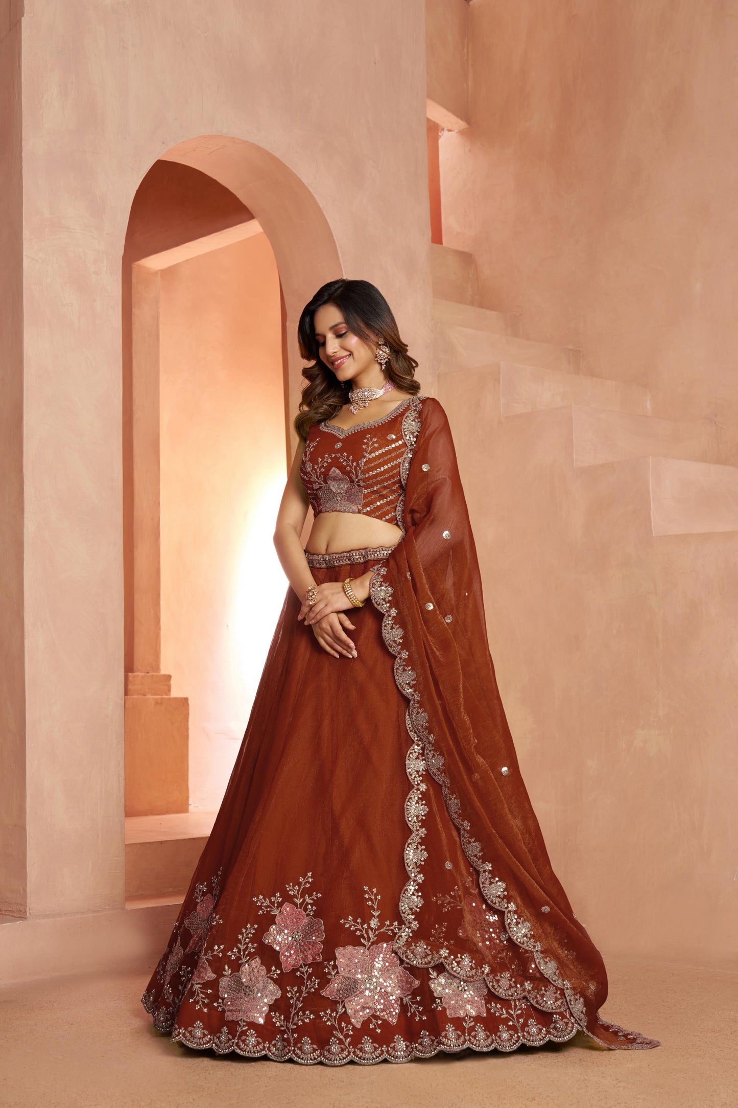 Rust Sequins Work & Floral Motifs Tissue Bridesmaid Lehenga