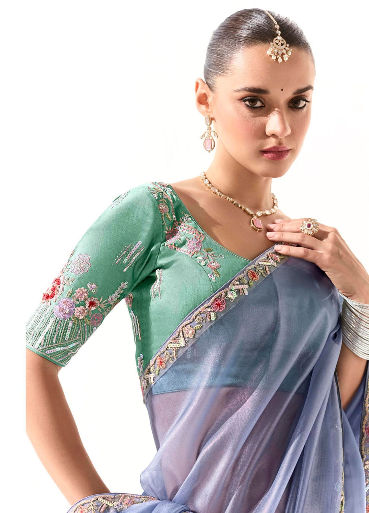 Blue Organza Tissue Heavy butta embroidery Designer Runway Saree