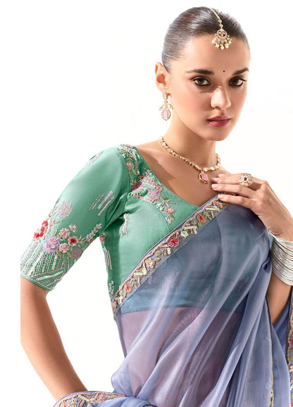 Blue Organza Tissue Heavy butta embroidery Designer Runway Saree