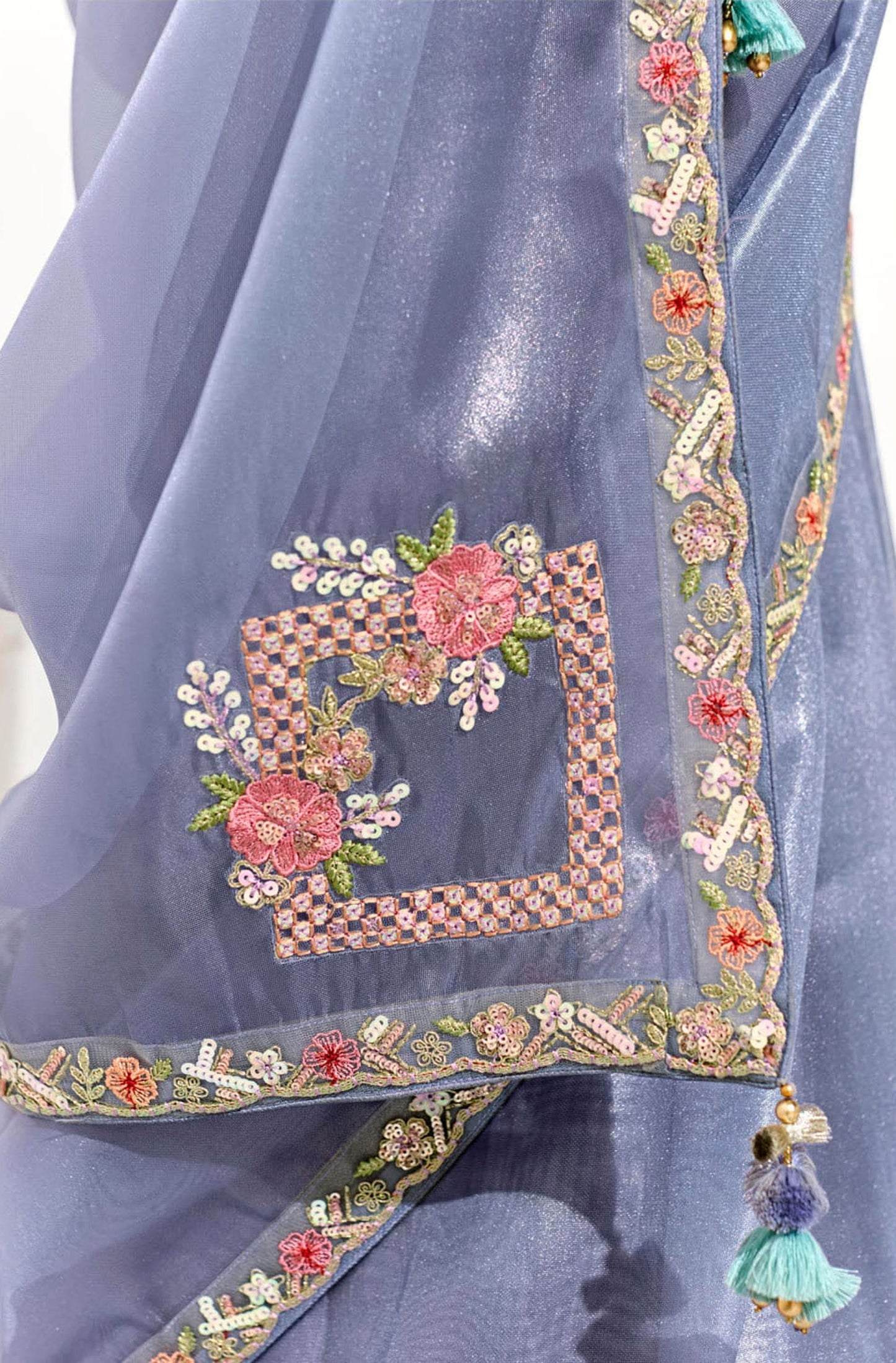 Blue Organza Tissue Heavy butta embroidery Designer Runway Saree