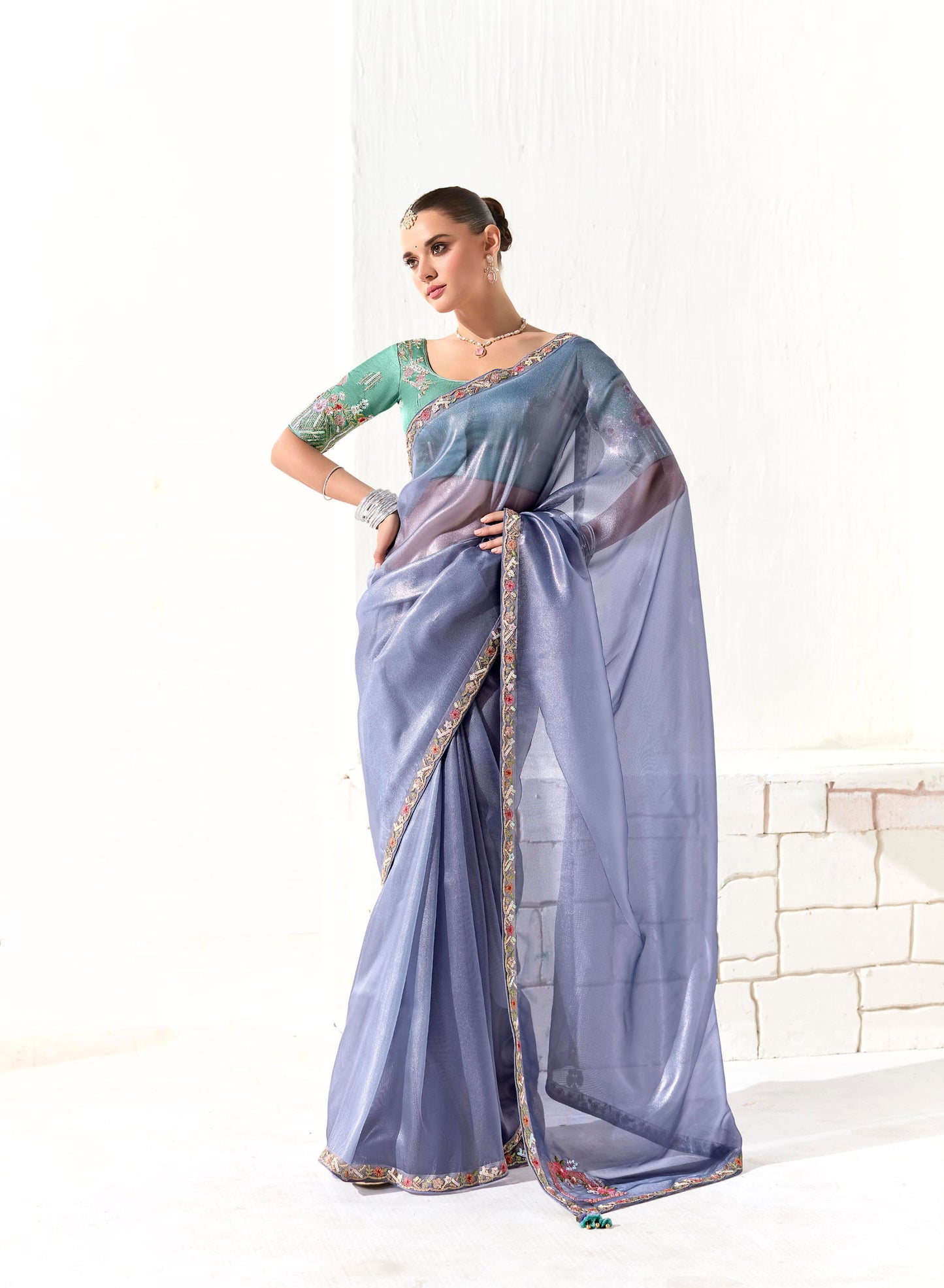 Blue Organza Tissue Heavy butta embroidery Designer Runway Saree
