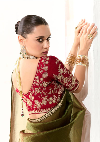 Forest Green Organza Tissue Heavy butta embroidery Designer Runway Saree