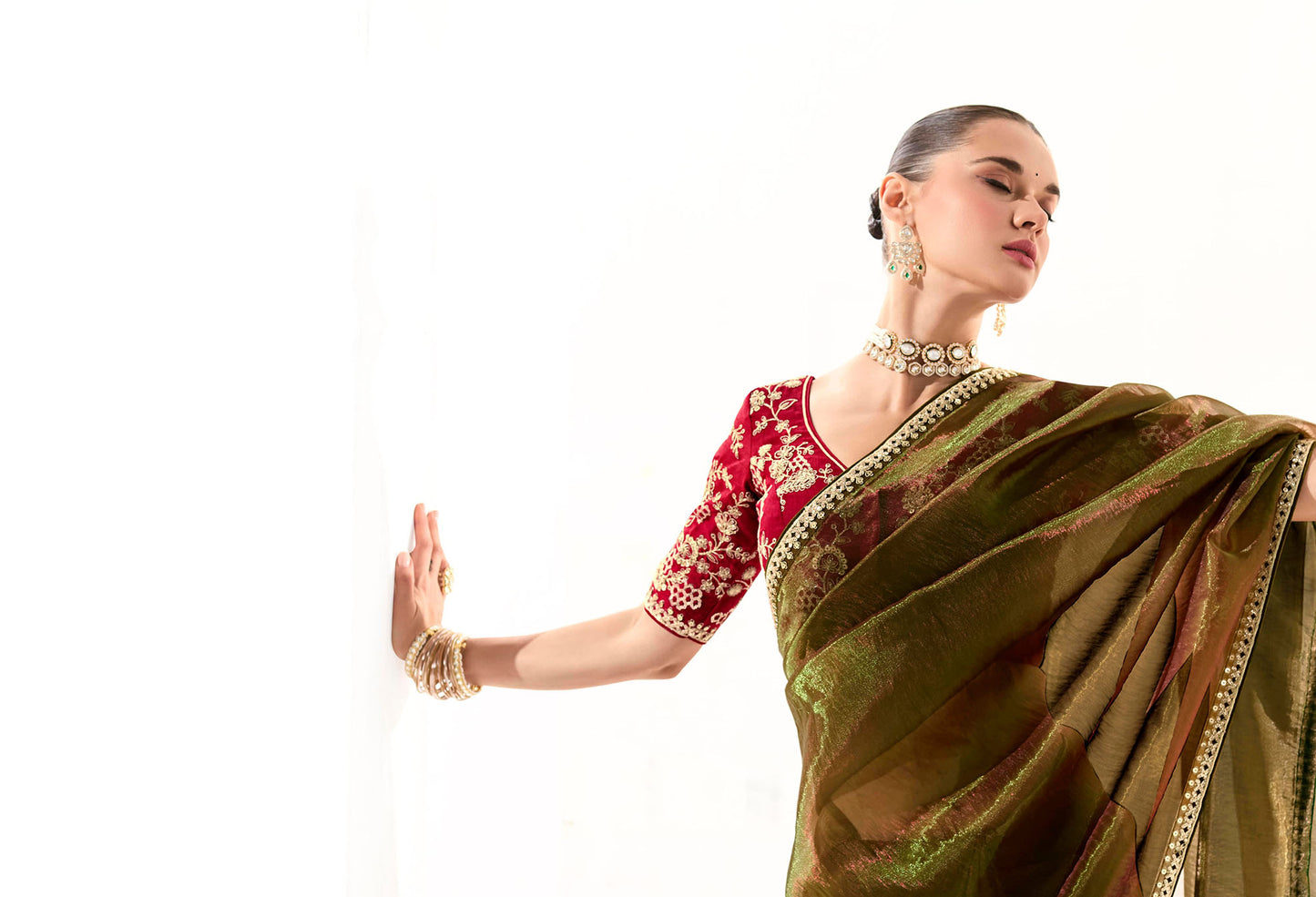 Forest Green Organza Tissue Heavy butta embroidery Designer Runway Saree