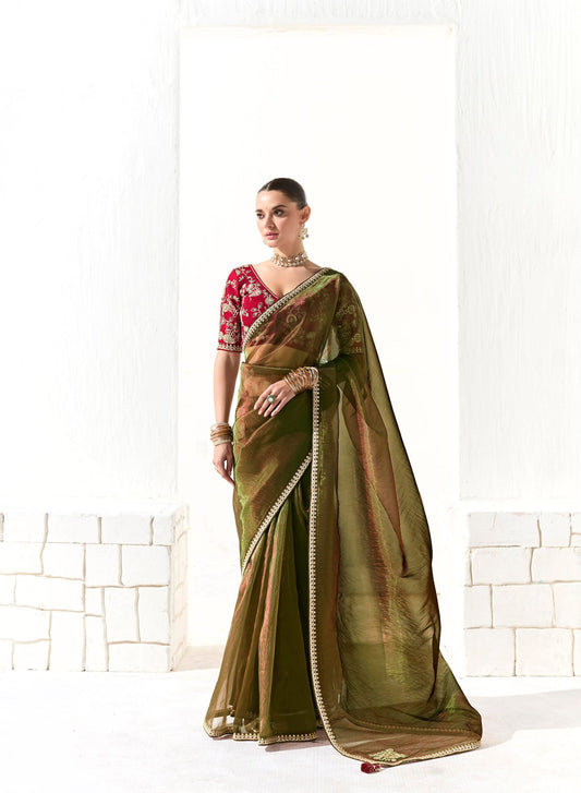 Forest Green Organza Tissue Heavy butta embroidery Designer Runway Saree