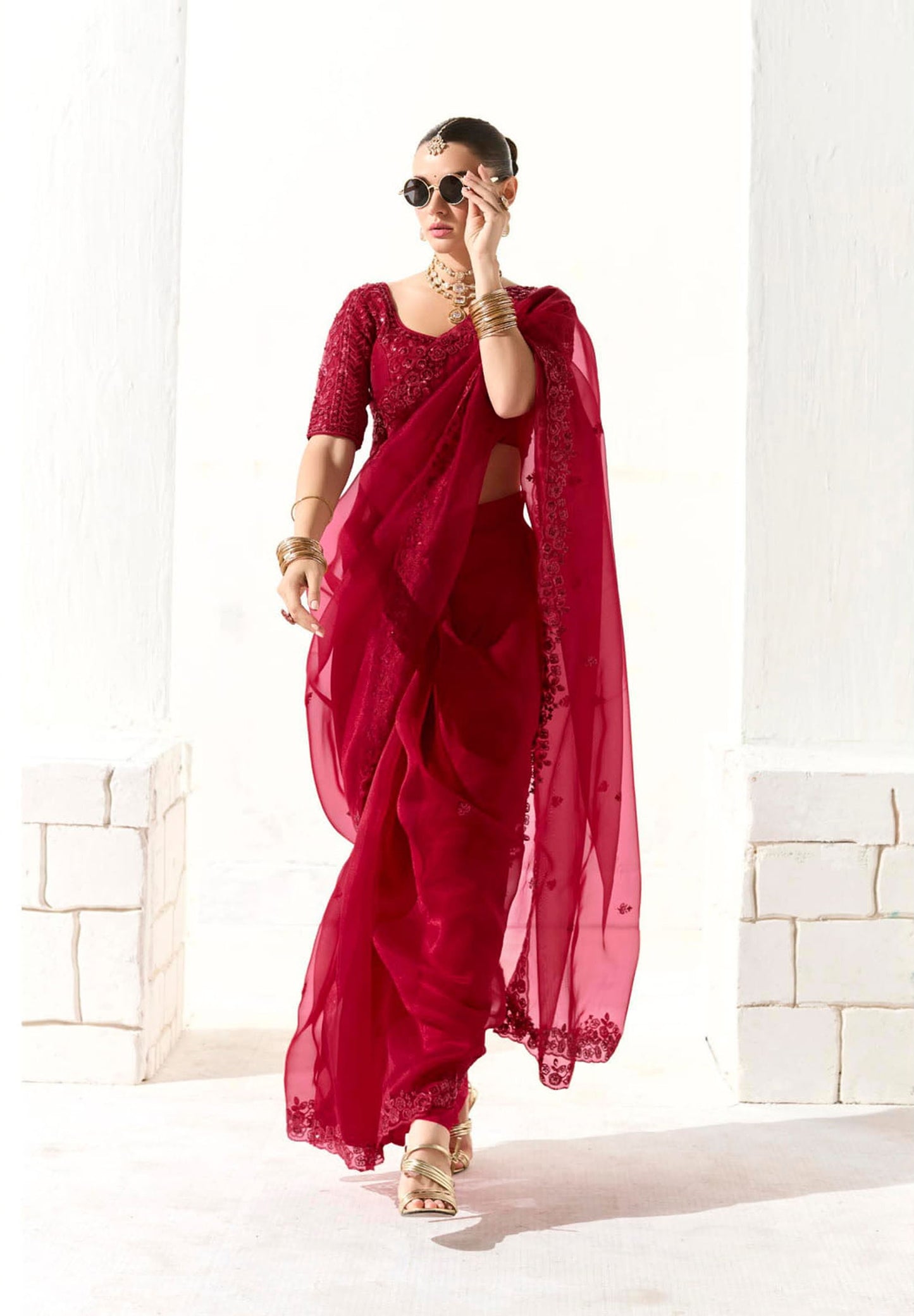 Red Organza Tissue Heavy butta embroidery Designer Runway Saree