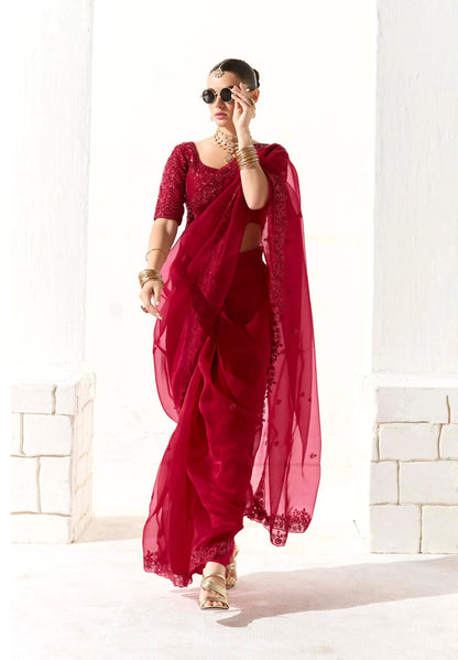 Red Organza Tissue Heavy butta embroidery Designer Runway Saree