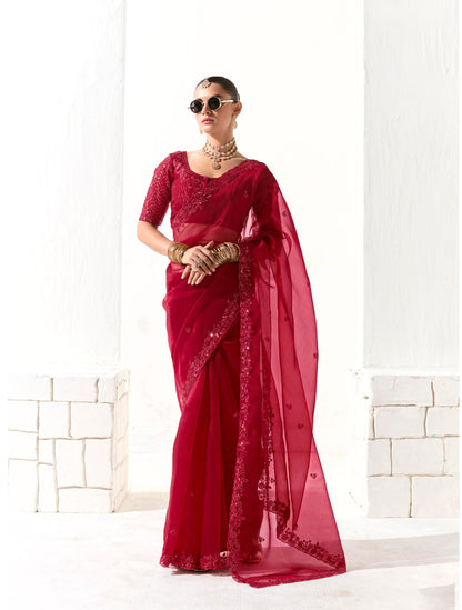 Red Organza Tissue Heavy butta embroidery Designer Runway Saree