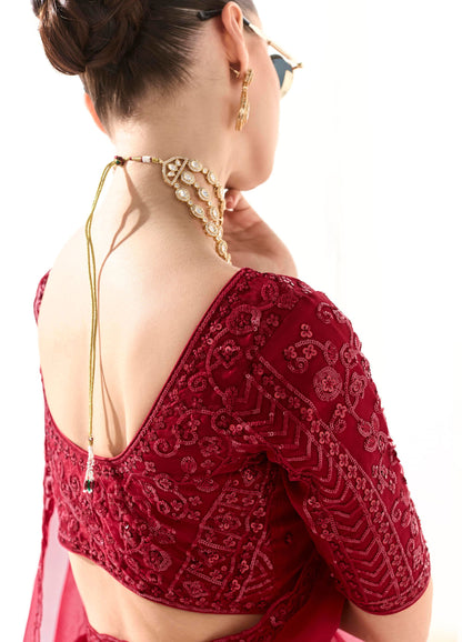 Red Organza Tissue Heavy butta embroidery Designer Runway Saree