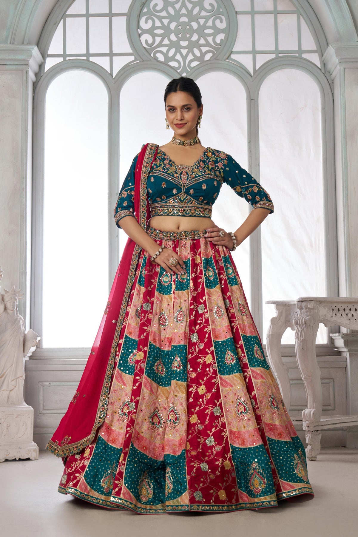 Multi Color & Blue Chinnon Thread & Zari Work Bridesmaid Lehenga for Wedding