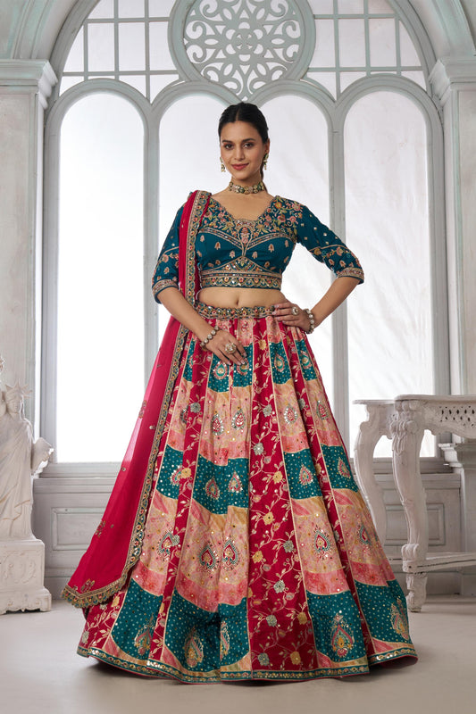 Multi Color & Blue Chinnon Thread & Zari Work Bridesmaid Lehenga for Wedding