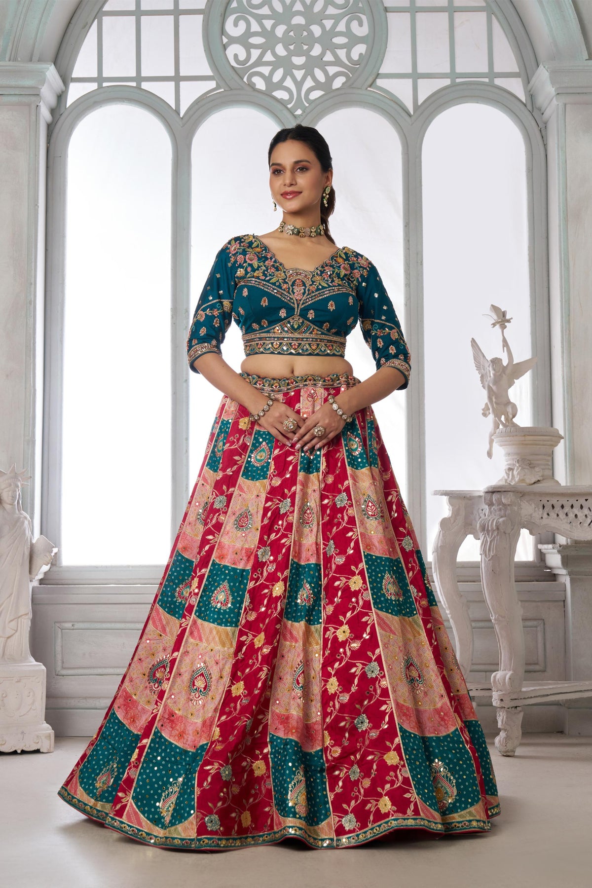 Multi Color & Blue Chinnon Thread & Zari Work Bridesmaid Lehenga for Wedding