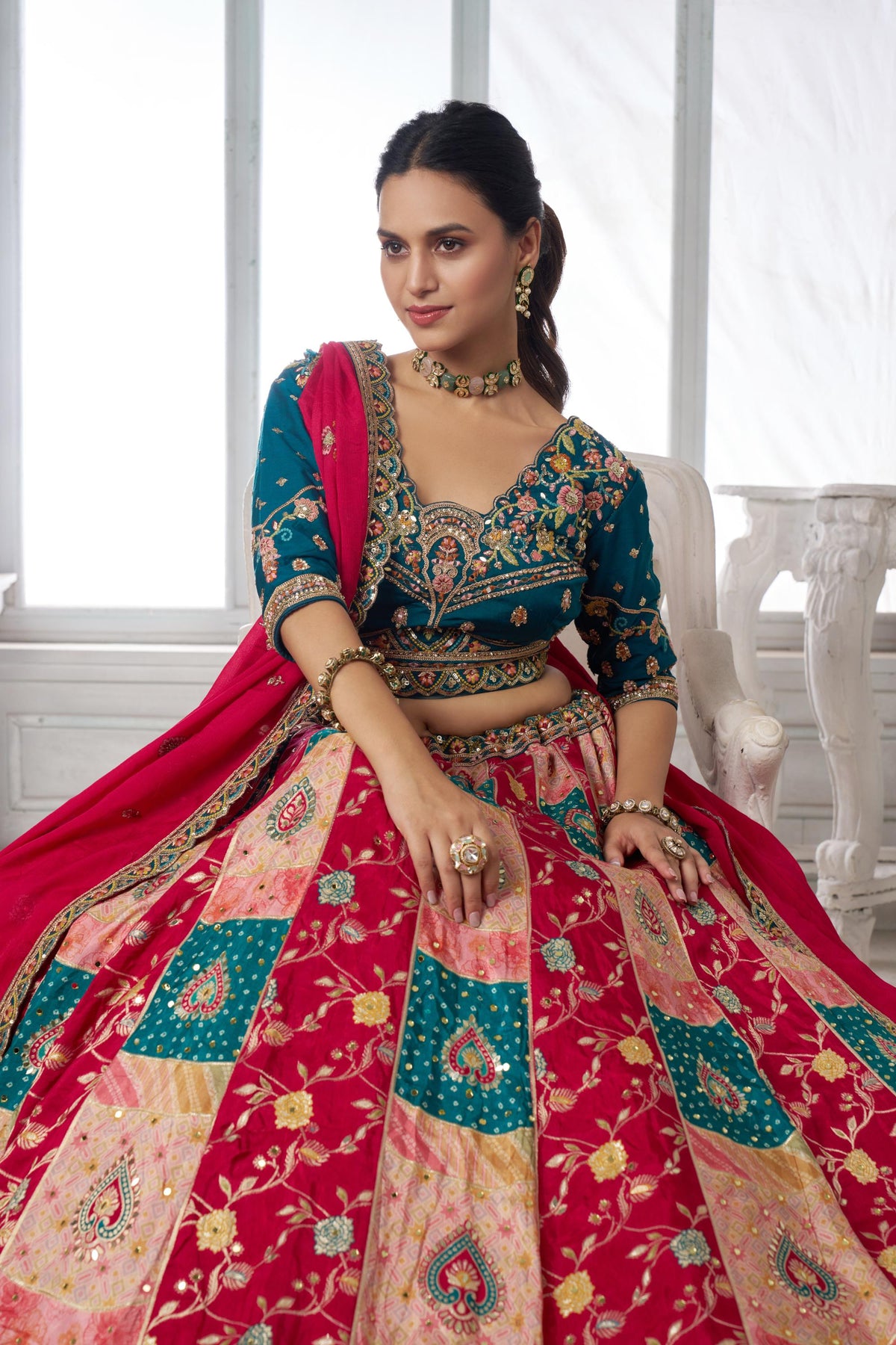 Multi Color & Blue Chinnon Thread & Zari Work Bridesmaid Lehenga for Wedding
