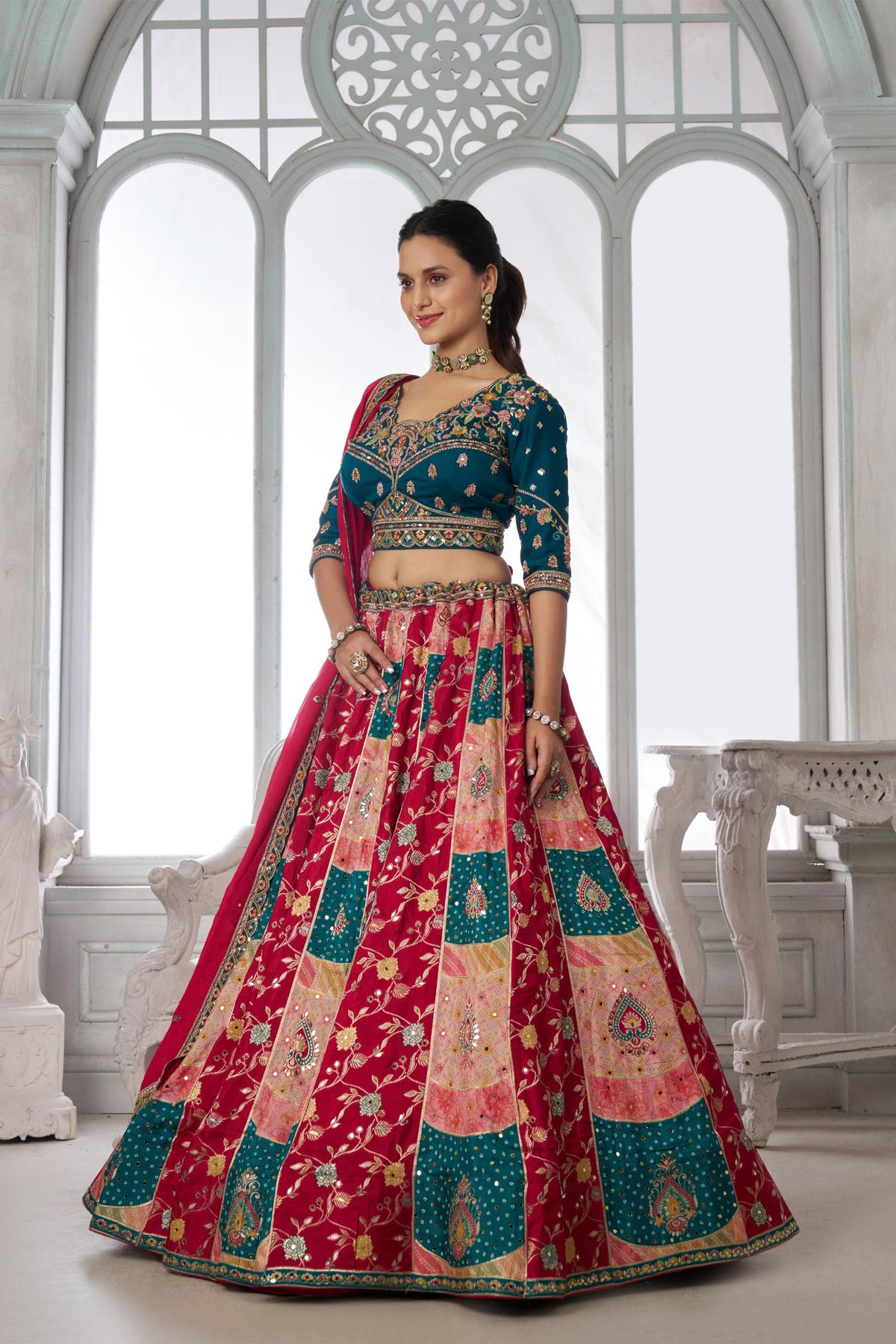 Multi Color & Blue Chinnon Thread & Zari Work Bridesmaid Lehenga for Wedding