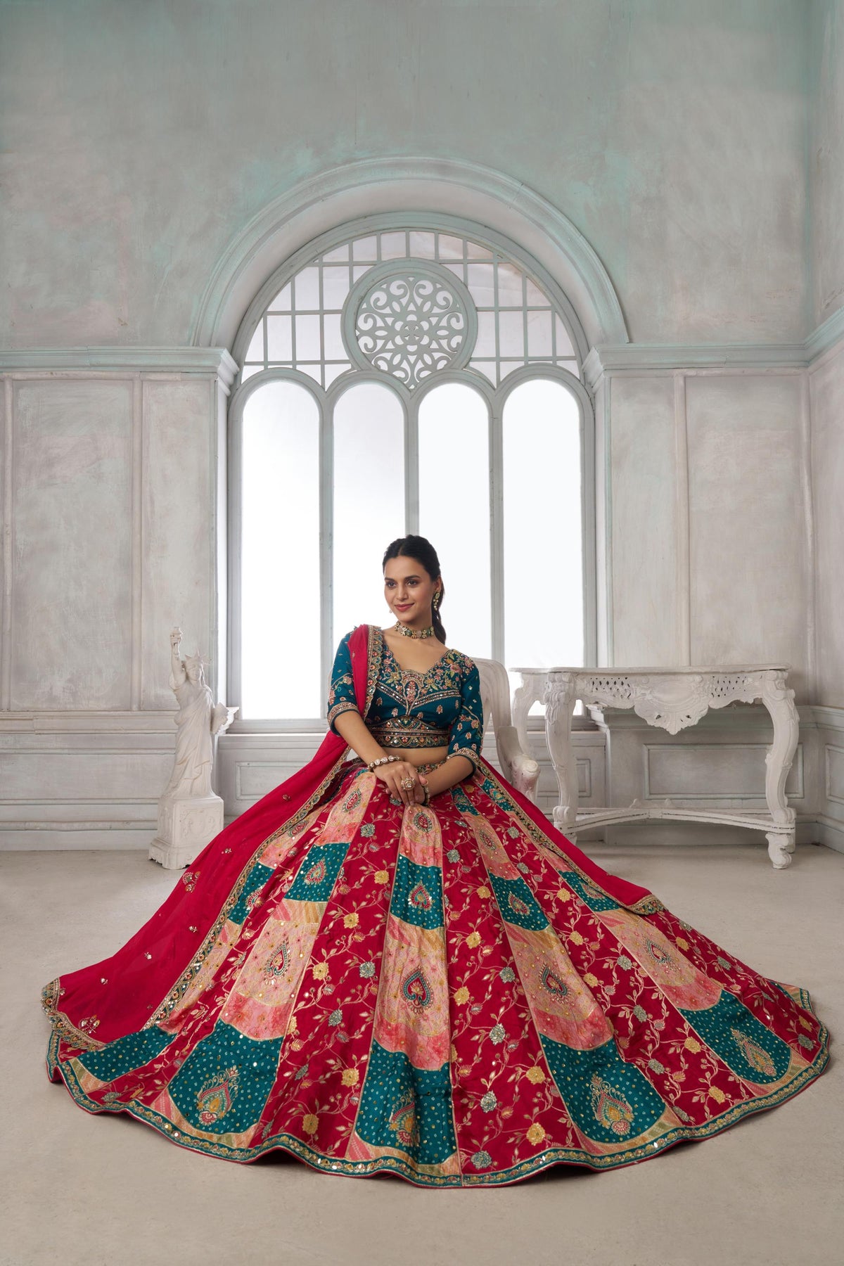 Multi Color & Blue Chinnon Thread & Zari Work Bridesmaid Lehenga for Wedding