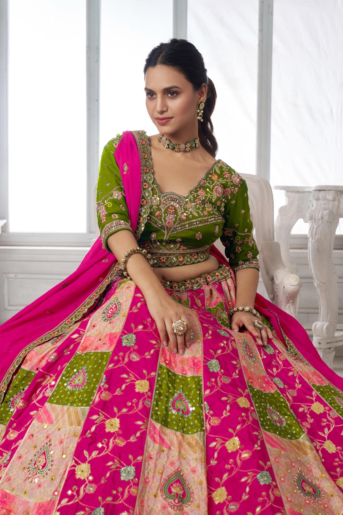 Multi Color & Green Chinnon Thread & Zari Work Lehenga for Mehendi