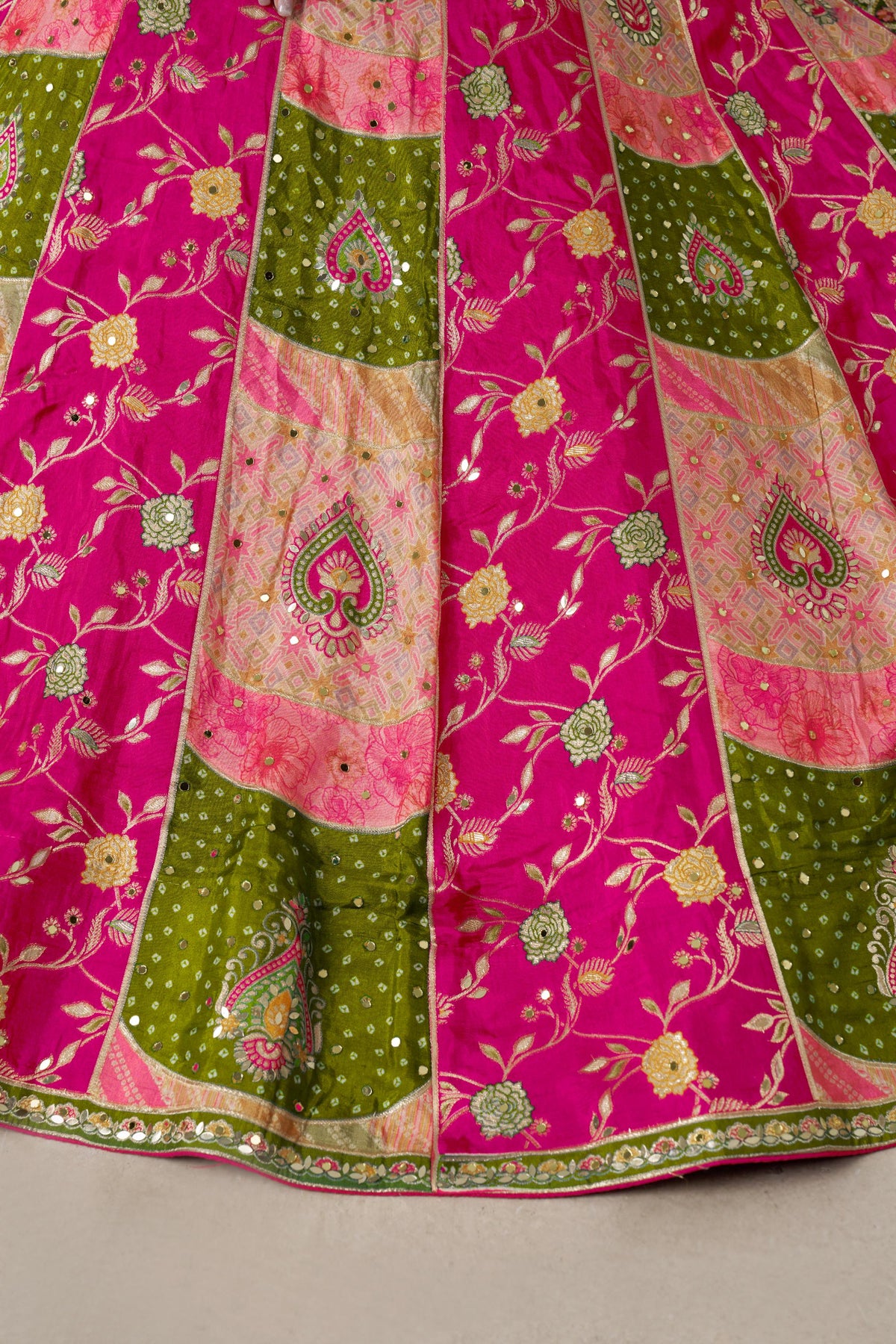 Multi Color & Green Chinnon Thread & Zari Work Lehenga for Mehendi