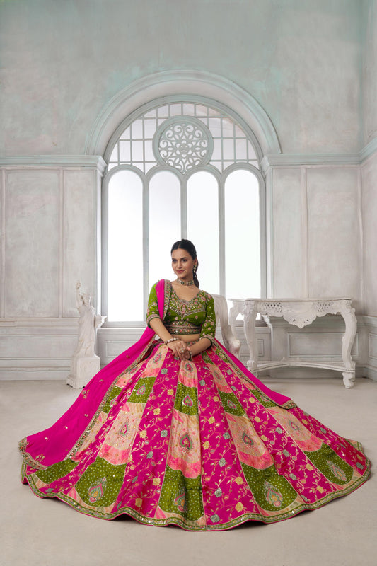 Multi Color & Green Chinnon Thread & Zari Work Lehenga for Mehendi