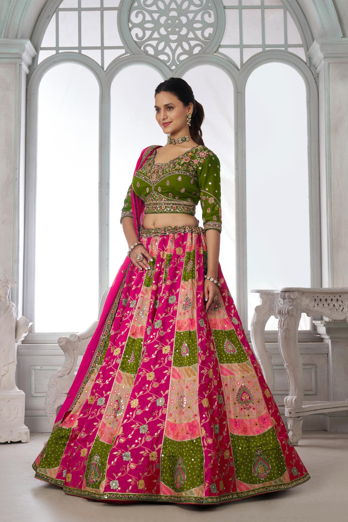 Multi Color & Green Chinnon Thread & Zari Work Lehenga for Mehendi