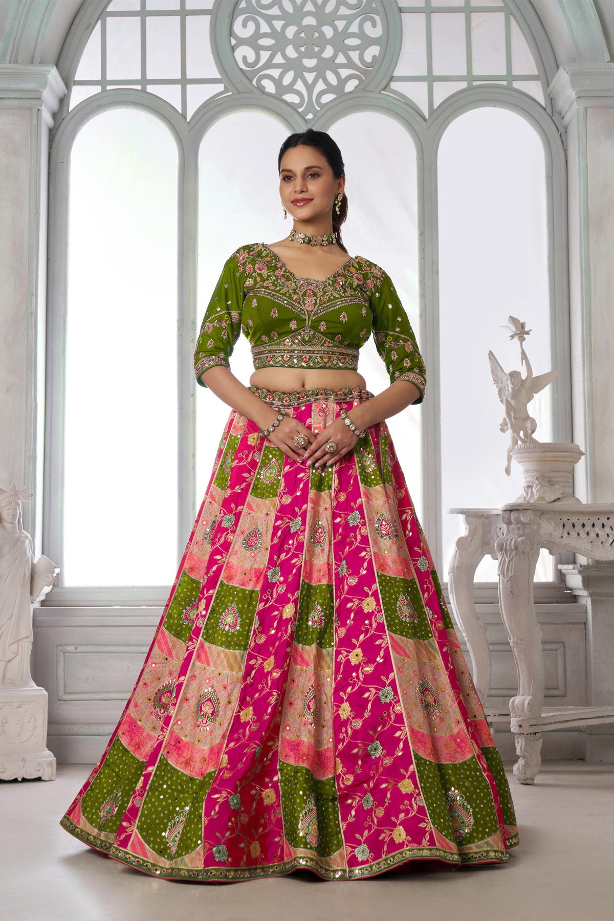 Multi Color & Green Chinnon Thread & Zari Work Lehenga for Mehendi