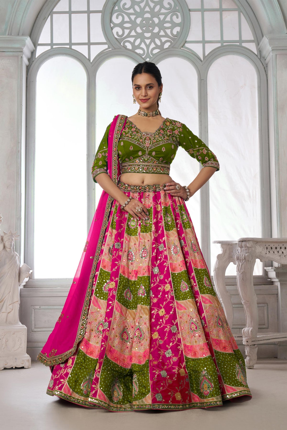 Multi Color & Green Chinnon Thread & Zari Work Lehenga for Mehendi