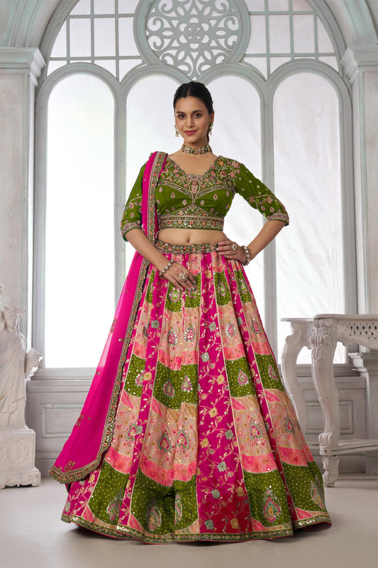 Multi Color & Green Chinnon Thread & Zari Work Lehenga for Mehendi
