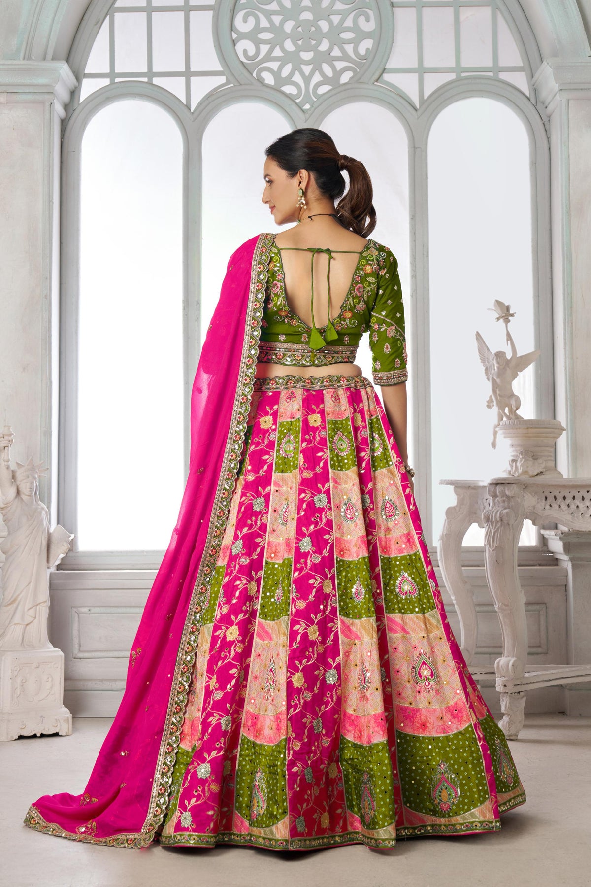 Multi Color & Green Chinnon Thread & Zari Work Lehenga for Mehendi