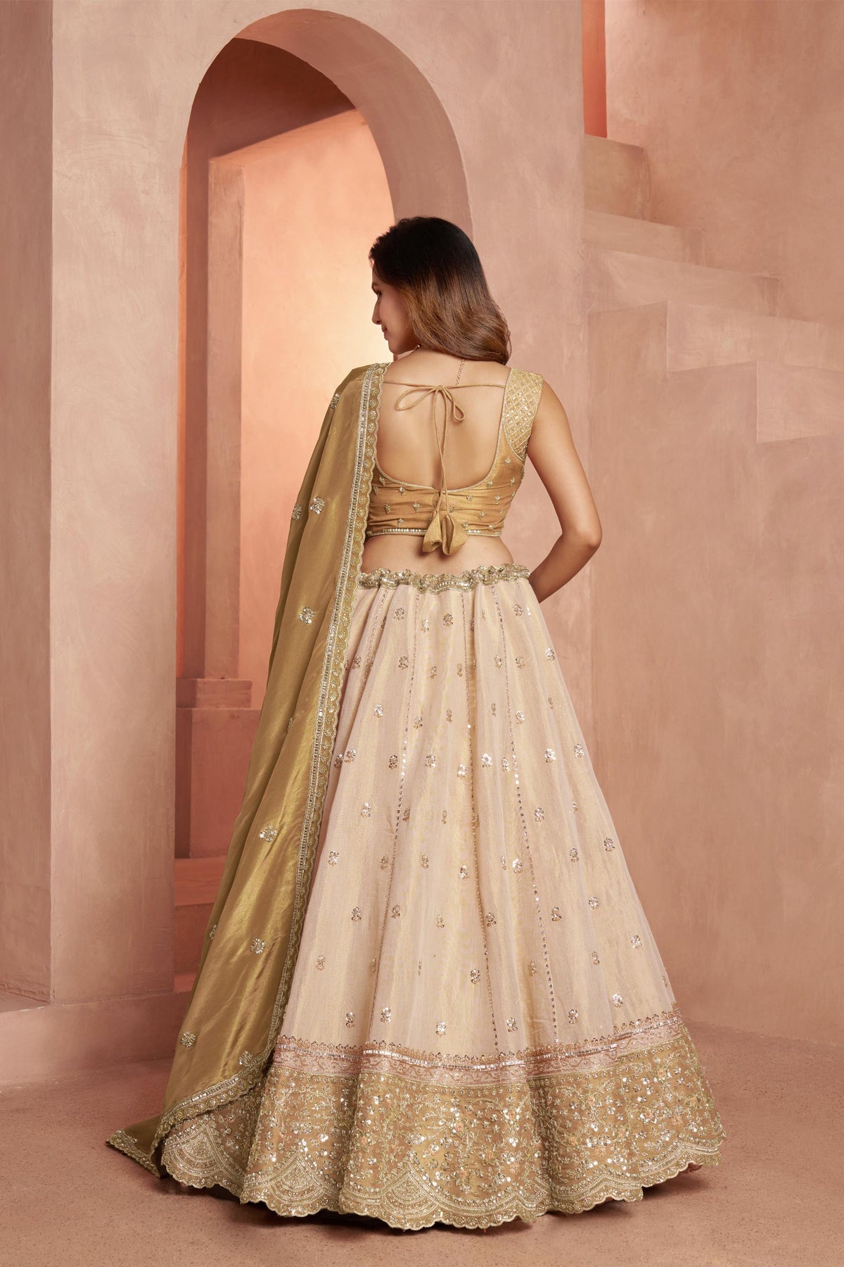 Cream & Gold Kanjeevaram Tissue Sequins & Bead Embroidered Wedding Guest Lehenga