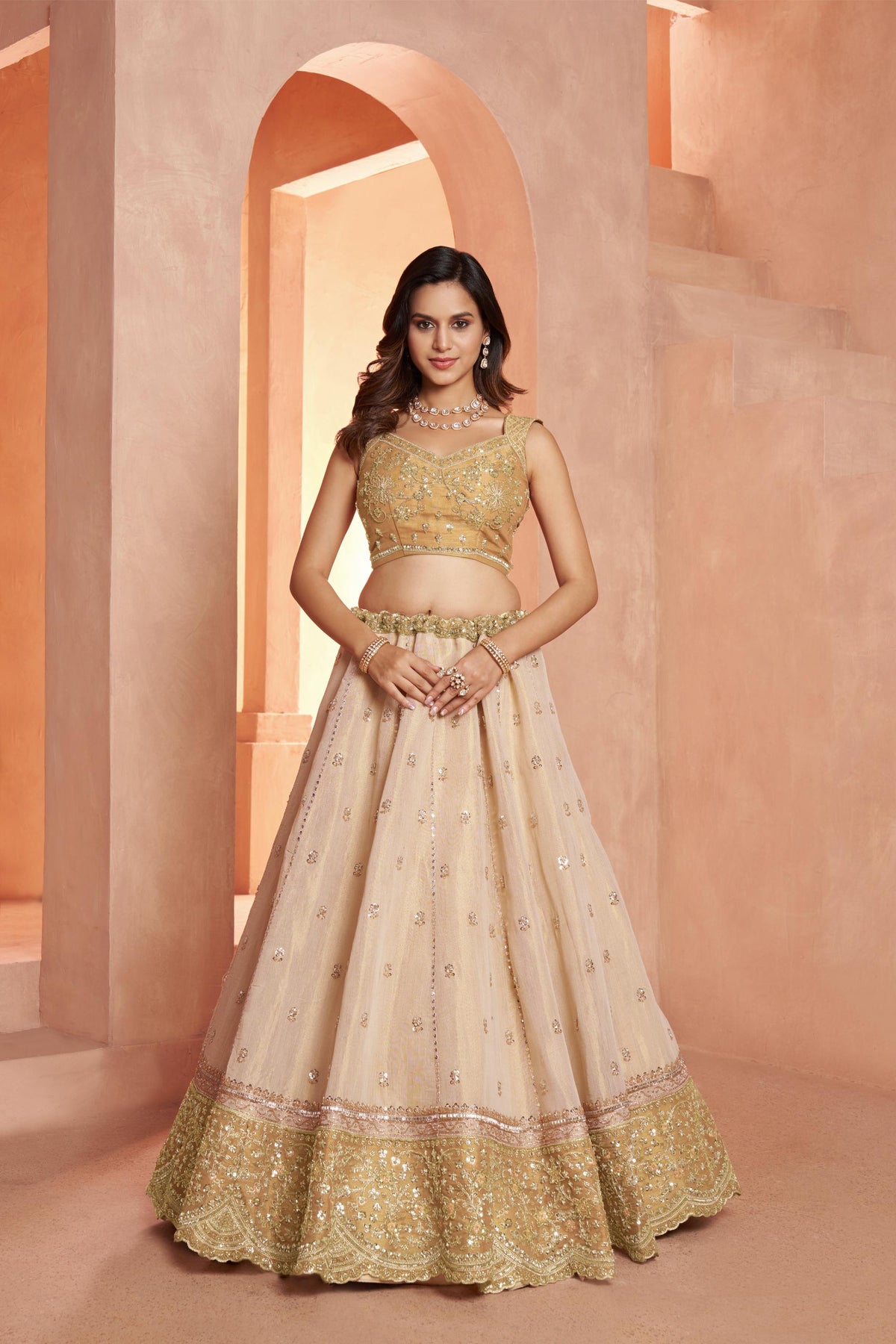 Cream & Gold Kanjeevaram Tissue Sequins & Bead Embroidered Wedding Guest Lehenga