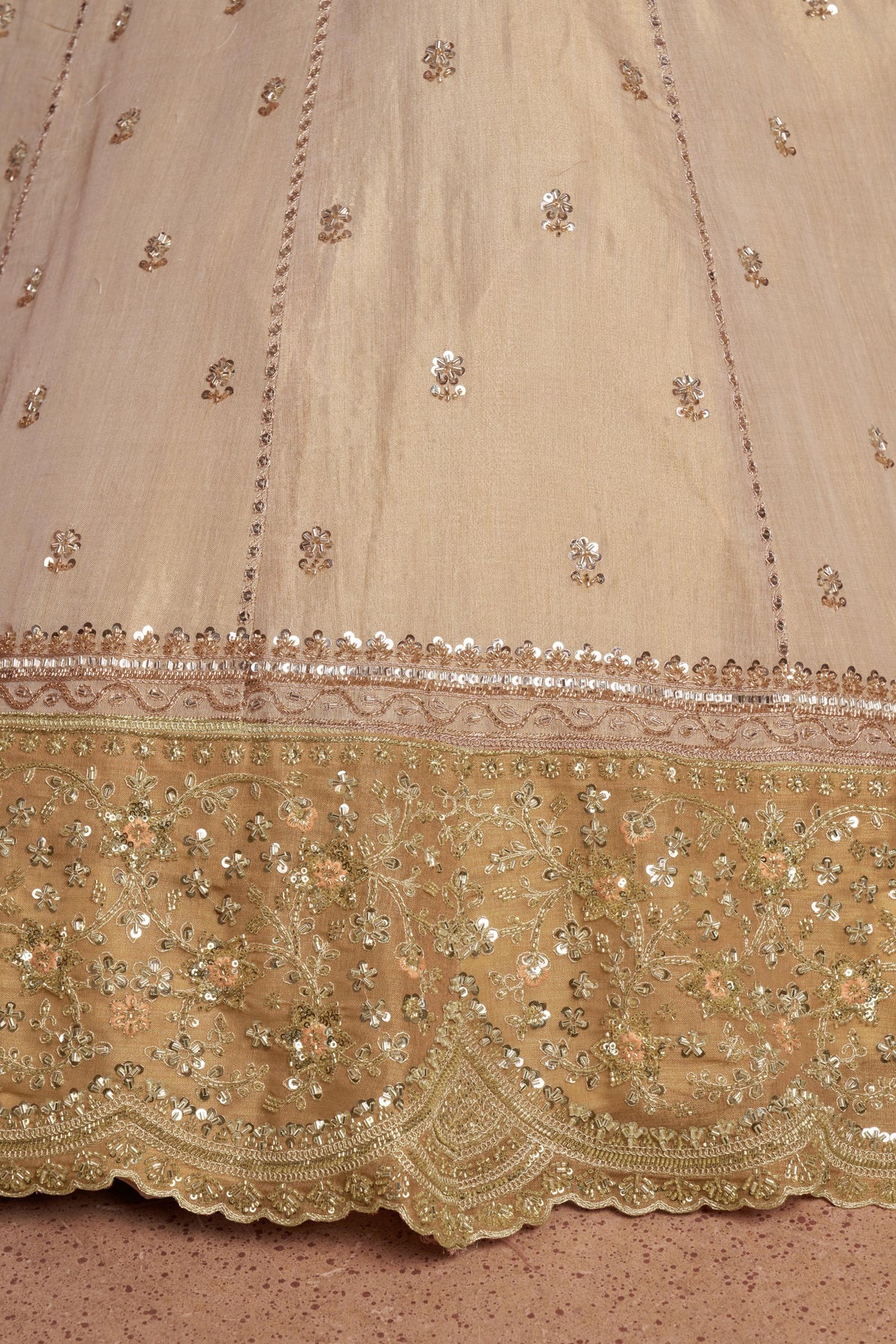 Cream & Gold Kanjeevaram Tissue Sequins & Bead Embroidered Wedding Guest Lehenga