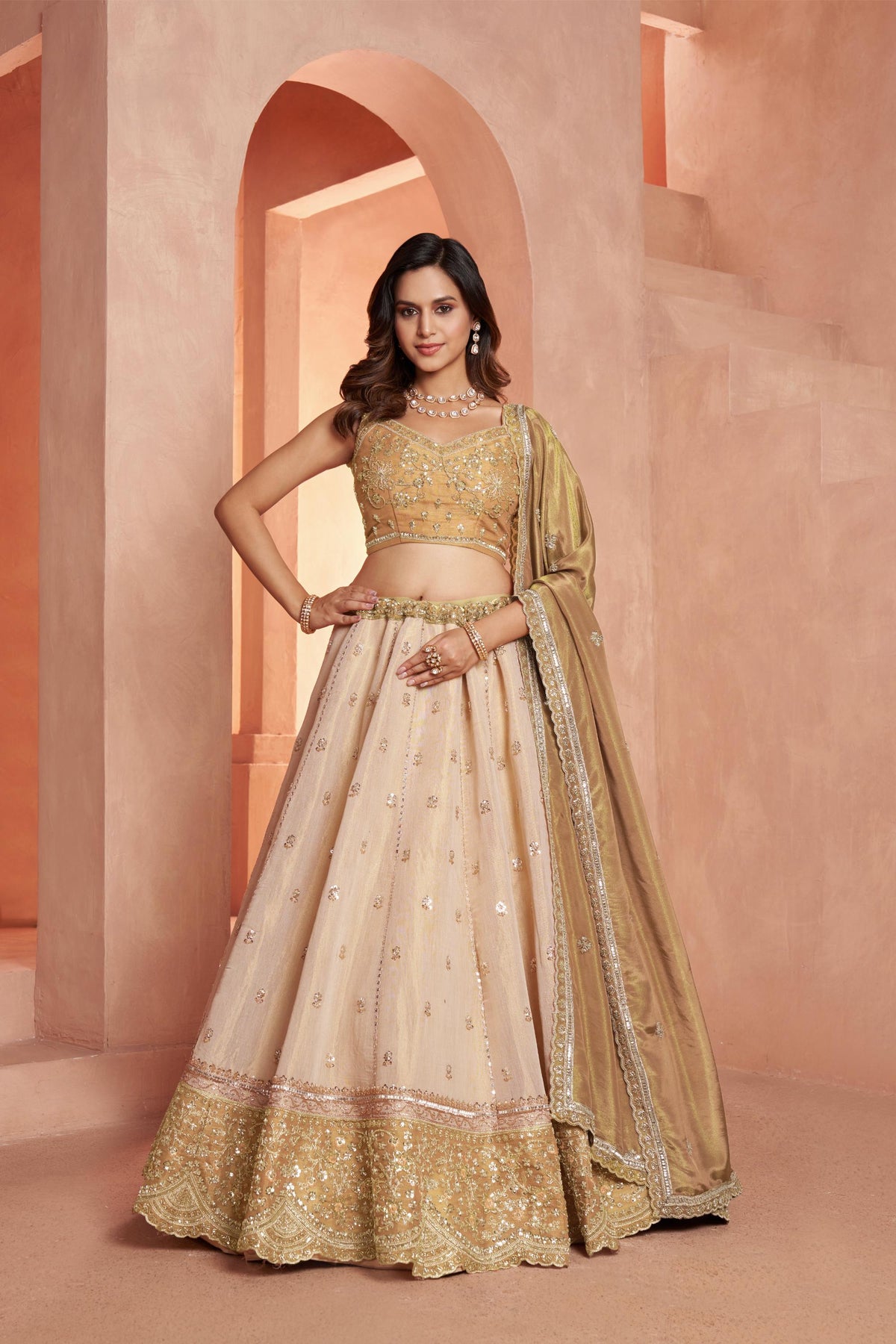 Cream & Gold Kanjeevaram Tissue Sequins & Bead Embroidered Wedding Guest Lehenga