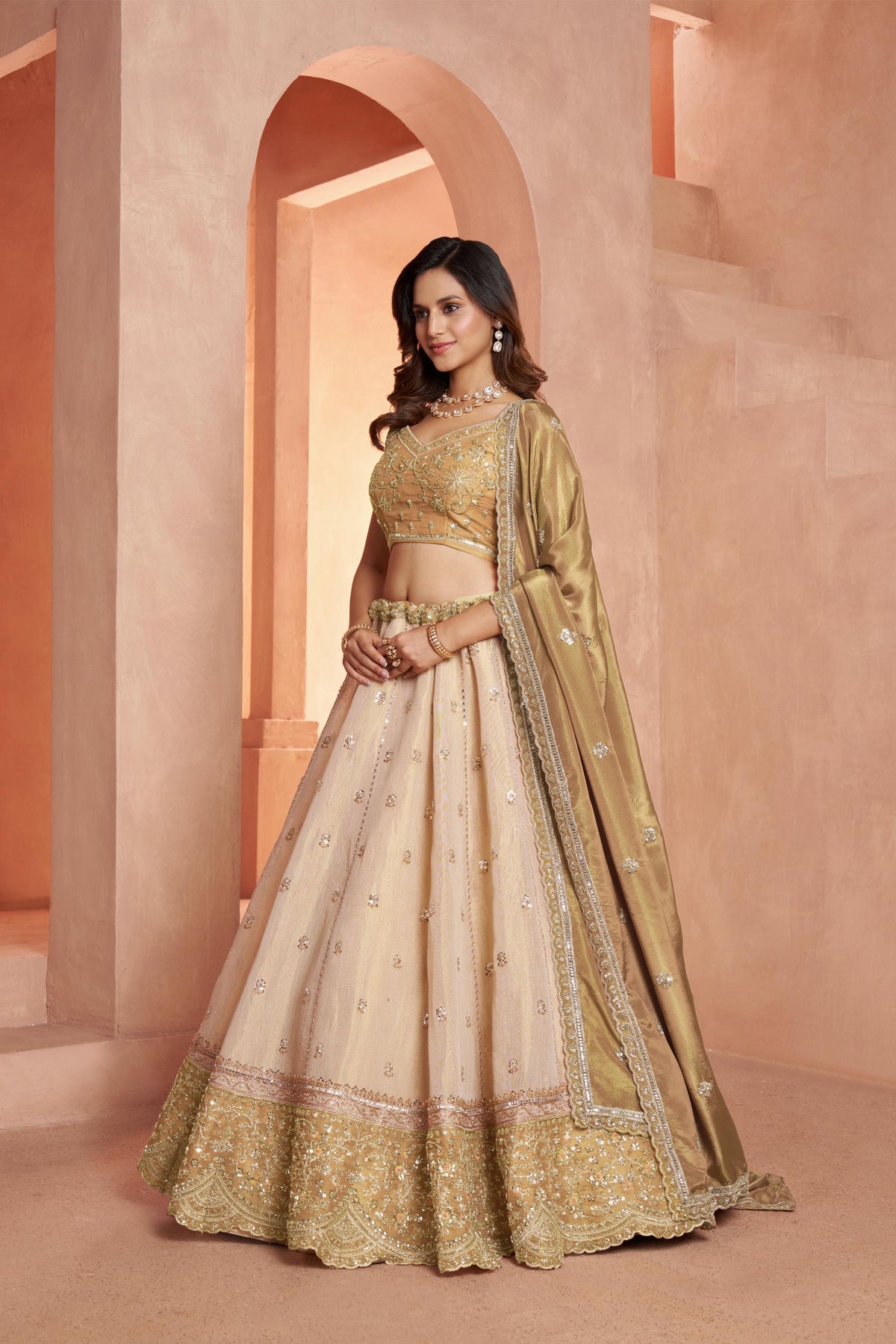 Cream & Gold Kanjeevaram Tissue Sequins & Bead Embroidered Wedding Guest Lehenga
