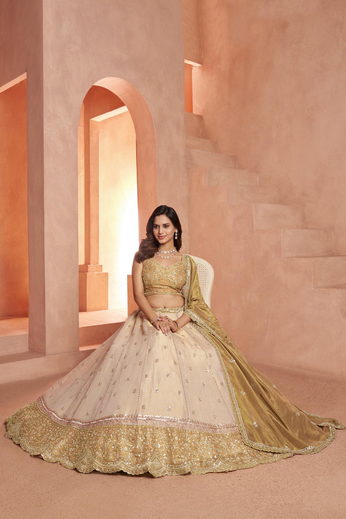 Cream & Gold Kanjeevaram Tissue Sequins & Bead Embroidered Wedding Guest Lehenga